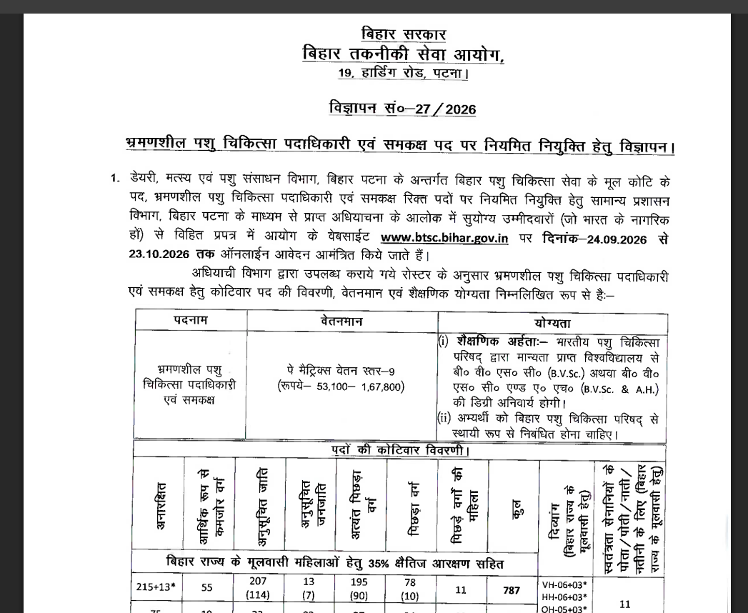 Recruitment for 787 Touring Veterinary Officer Positions by BTSC Bihar recruitment image