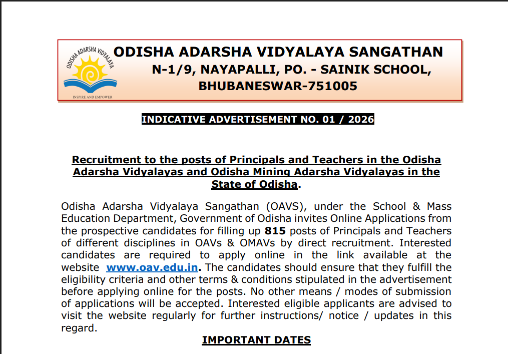 Odisha Adarsha Vidyalaya Sangathan Recruitment Notice for 815 Principals and Teachers at OAVS 2026 recruitment image