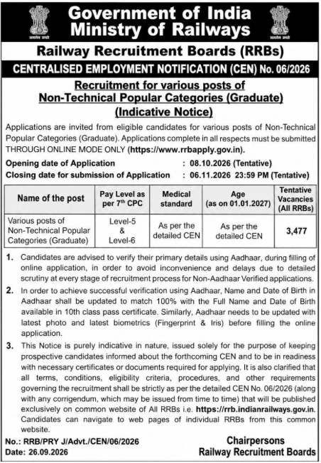 RRB CEN 06/2026: Recruitment for Non-Technical Graduate Positions in Indian Railways recruitment image